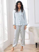 [Azul Claro] SilkSilky-ES Long Sleeve Lapel Collar Pijamas de mujer 003