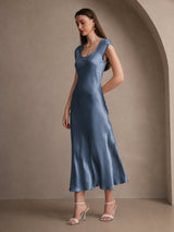 [Verde Azulado Real] SilkSilky-ES Cap Sleeve Vestido 006