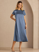 [Verde Azulado Real] SilkSilky-ES Short Sleeve Crew Neck Vestido 001