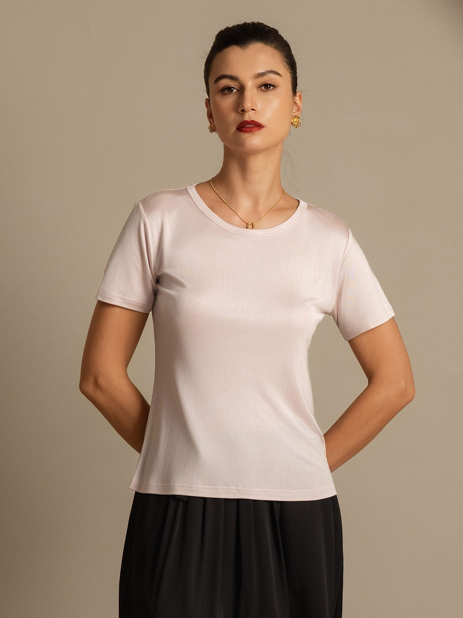[Rosa Claro] SilkSilky-ES Tejido de seda Womens T-Shirt 005,