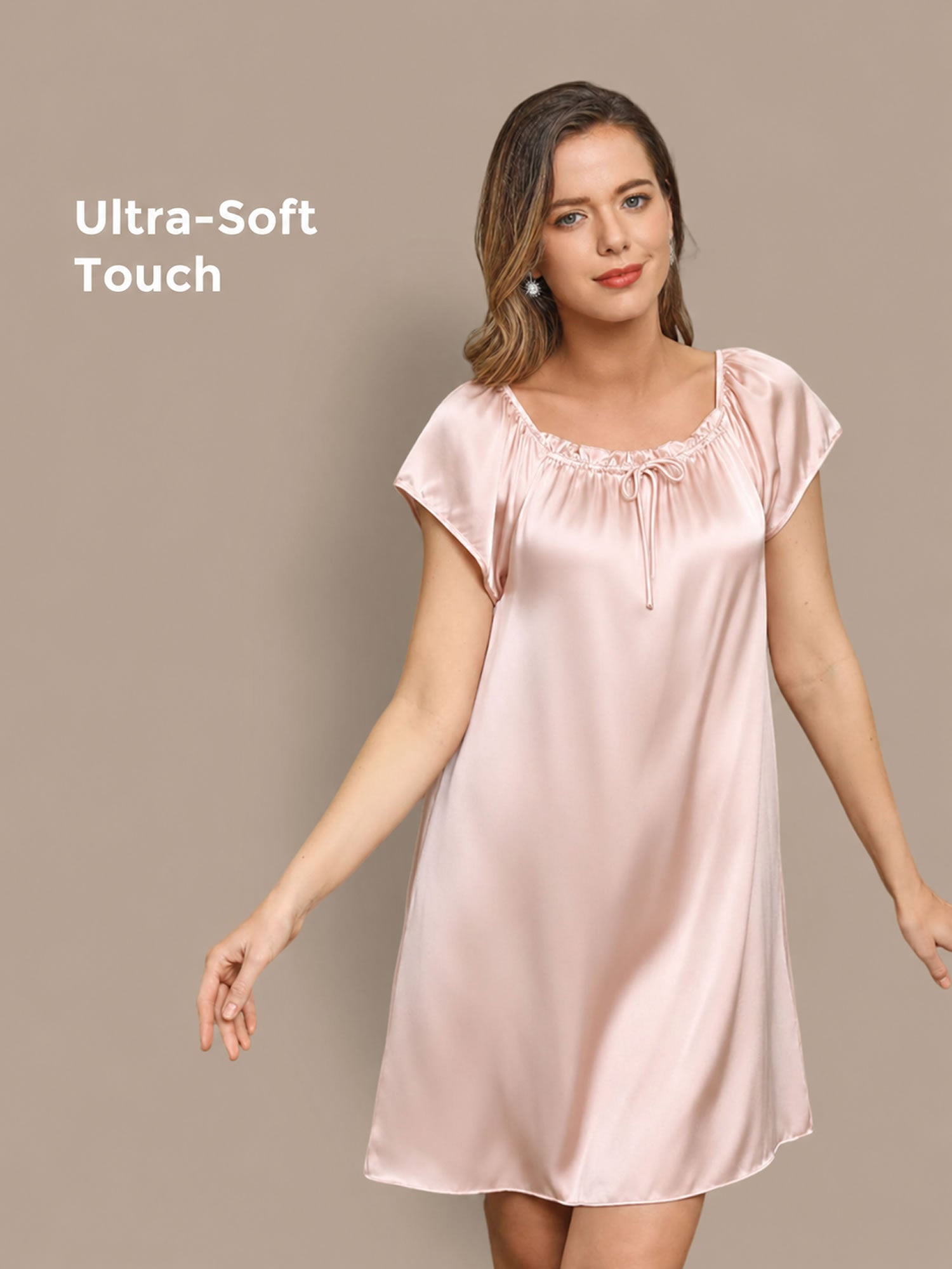 [Rosa Claro] SilkSilky-ES Cap Sleeve Square Neck Camisón 001