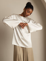 [Blanco] SilkSilky-ES Long Sleeve Boat Neck Blusa 004