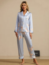[Azul Claro] SilkSilky-ES Long Sleeve Lapel Collar Pijamas de mujer 001