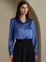 [Verde Azulado Real] SilkSilky-ES Long Sleeve Lapel Collar Blusas de Mujer 001