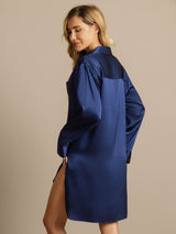 [Azul Oscuro] SilkSilky-ES Long Sleeve Lapel Collar Camisas de dormir 002