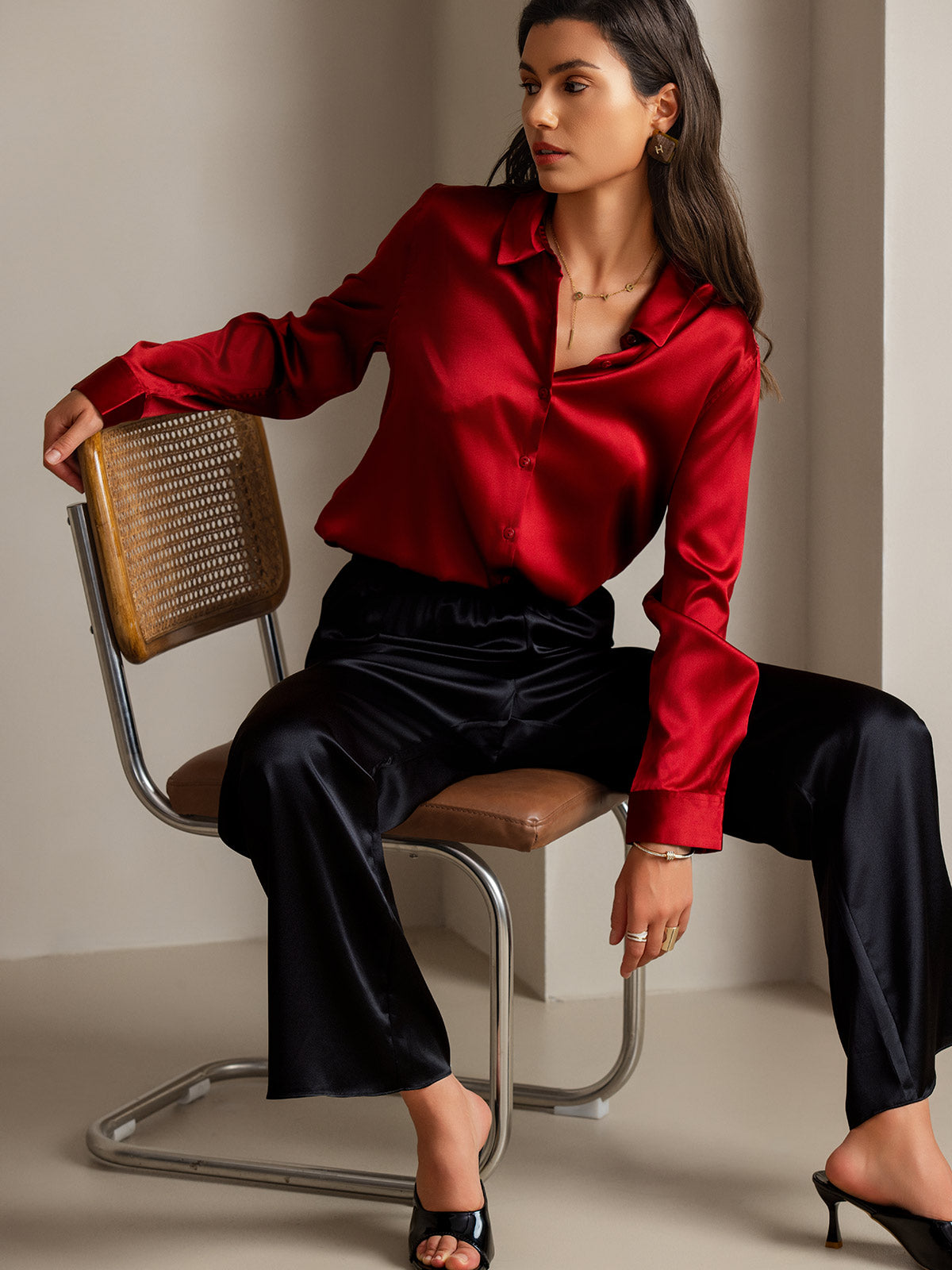 [Rojo] SilkSilky-ES Long Sleeve Lapel Collar Blusas de Mujer 001