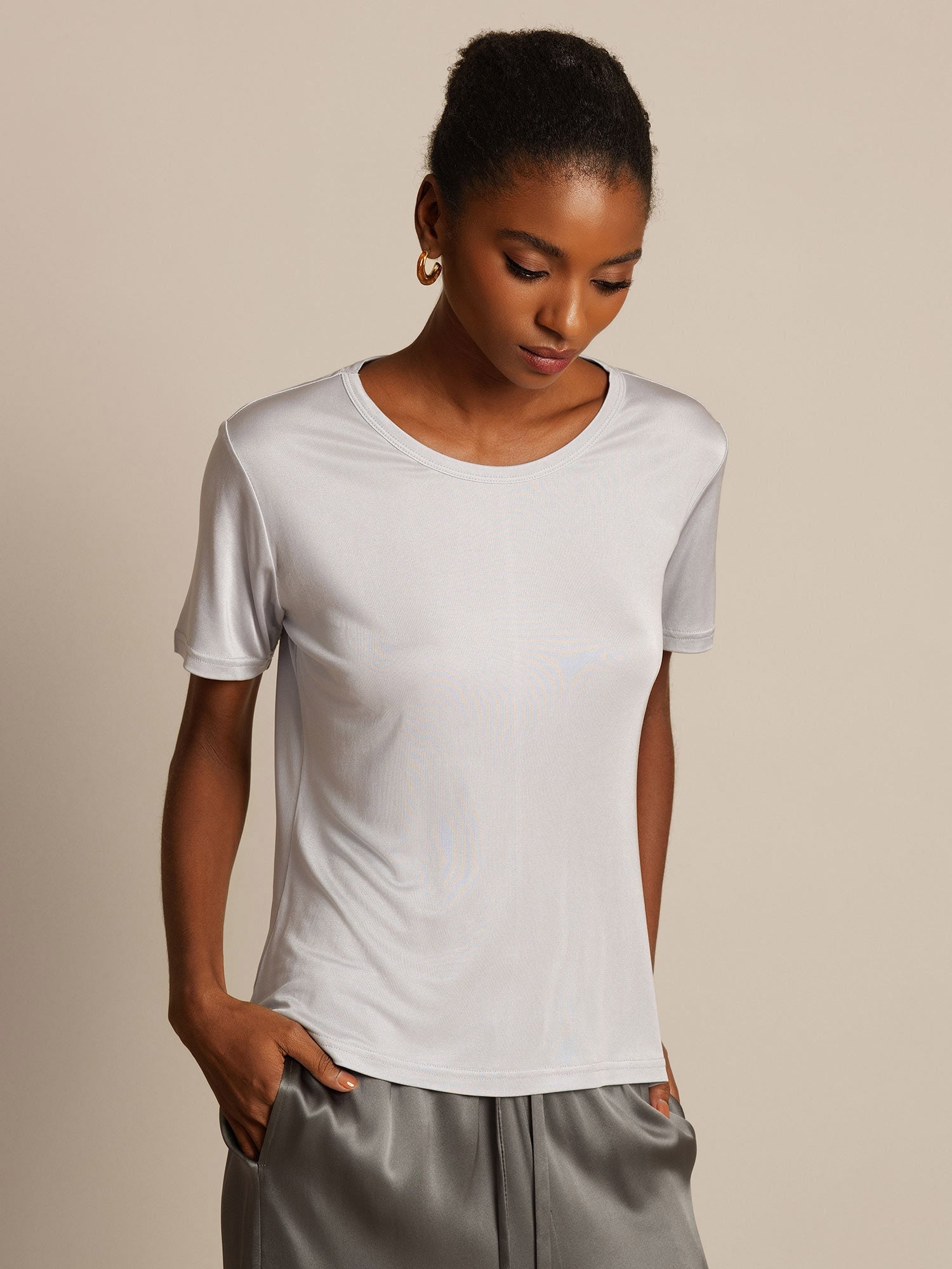 [Plata] SilkSilky-ES Manga corta Cuello Redondo Camisetas de Mujer 003