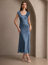 [Verde Azulado Real] SilkSilky-ES Cap Sleeve Vestido 001