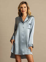 [Azul Grisáceo] SilkSilky-ES Long Sleeve Lapel Collar Camisas de dormir 001