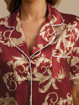 [Dragón Vino] SilkSilky-ES Short Sleeve Lapel Collar Pijamas de mujer 005