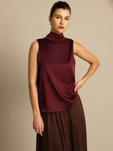 [Rojo Oscuro] SilkSilky-ES 19Momme Sin mangas Cuello Lazo Blusa 001