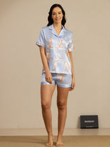 [Azul Claro] SilkSilky-ES Short Sleeve Lapel Collar Pijamas de mujer 007