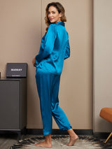[Azul Real] SilkSilky-ES Long Sleeve Lapel Collar Pijamas de mujer 002