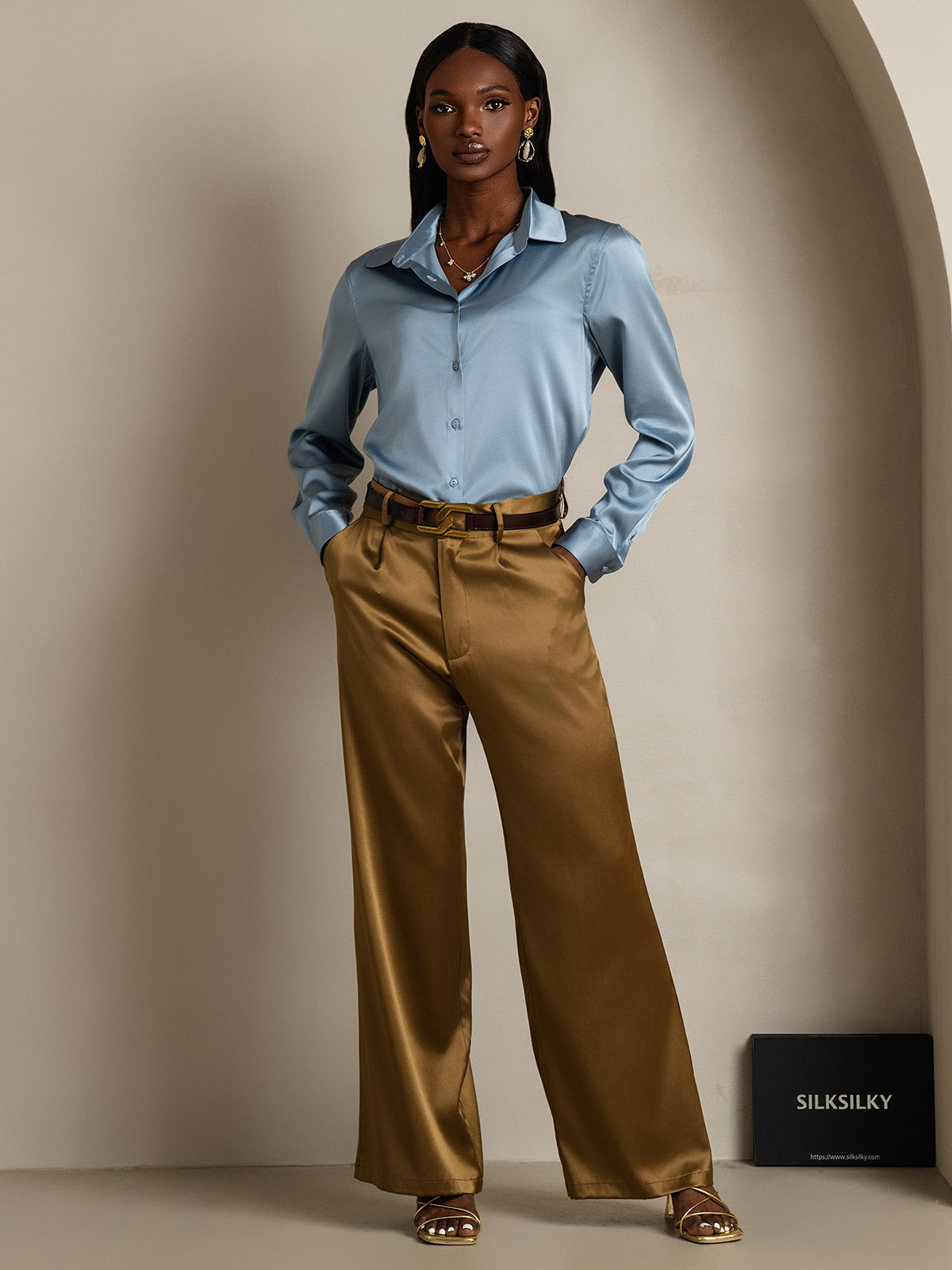 [Azul Grisáceo] SilkSilky-ES Seda Manga larga Cuello Camisero Blusas de Mujer 006