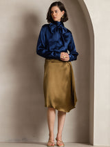 [Azul Oscuro] SilkSilky-ES Long Sleeve Tie Neck Blusa 006