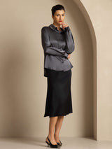 [Gris Oscuro] SilkSilky-ES Long Sleeve Lapel Collar Blusas de Mujer 001