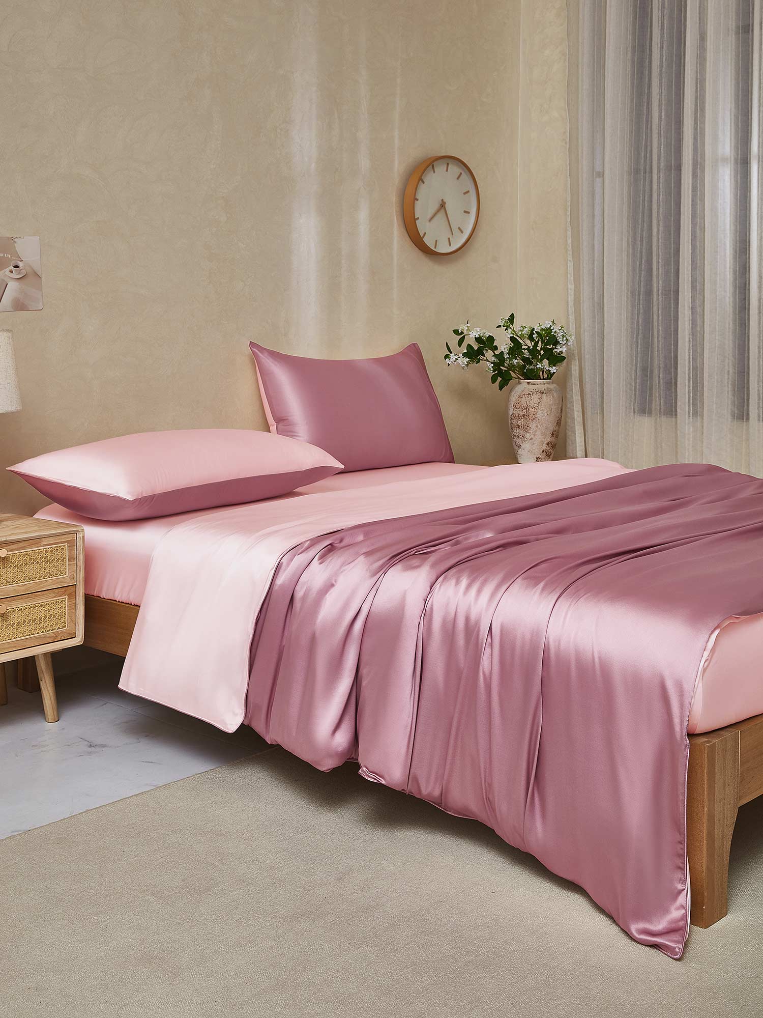 [MalvaPálido+RosaClaro] SilkSilky-ES 19Momme Seda Pura Bedding Set 003,