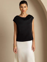 [Negro] SilkSilky-ES Cap Sleeve Cowl Neck Camisetas de Mujer 004