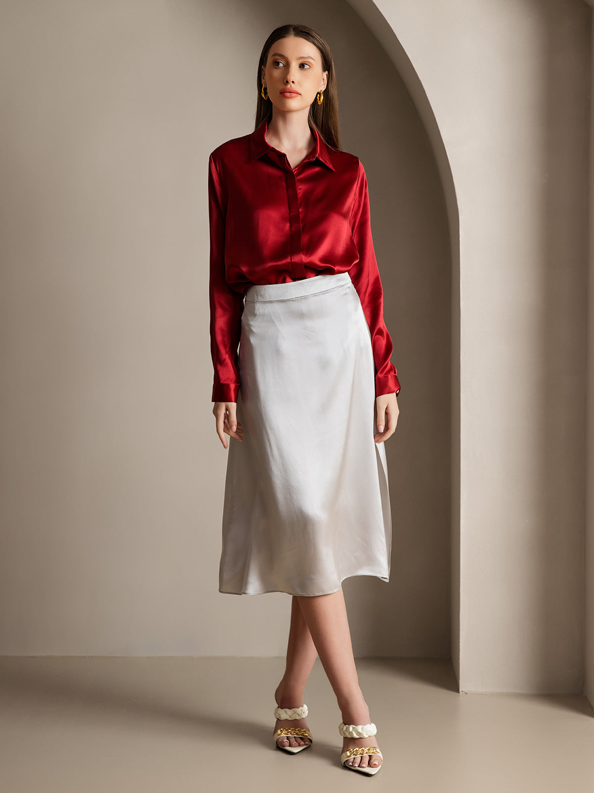 [Vino] SilkSilky-ES 19Momme Seda Lapel Collar Blusas de Mujer 006