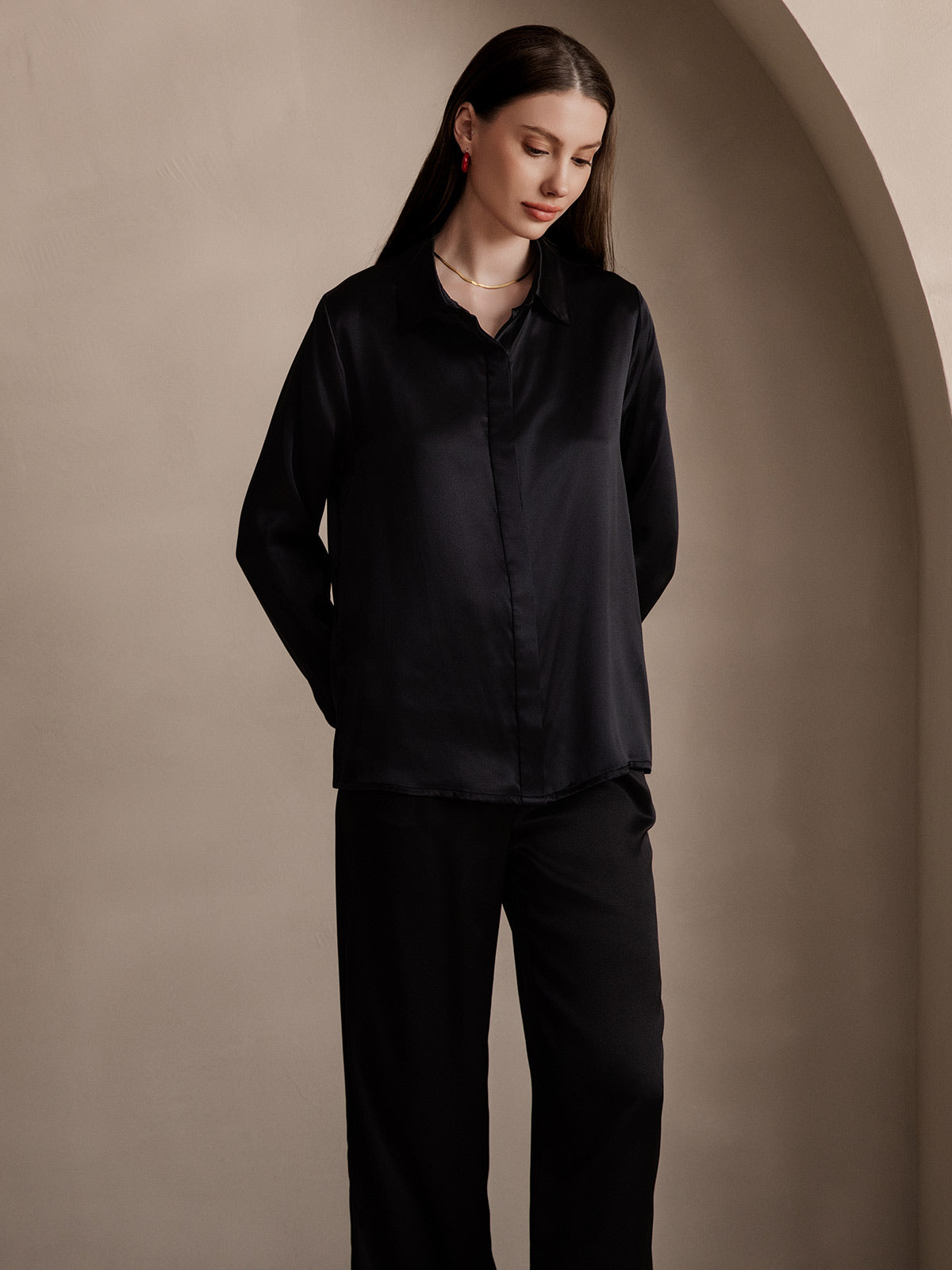 [Negro] SilkSilky-ES 19Momme Seda Lapel Collar Blusas de Mujer 005
