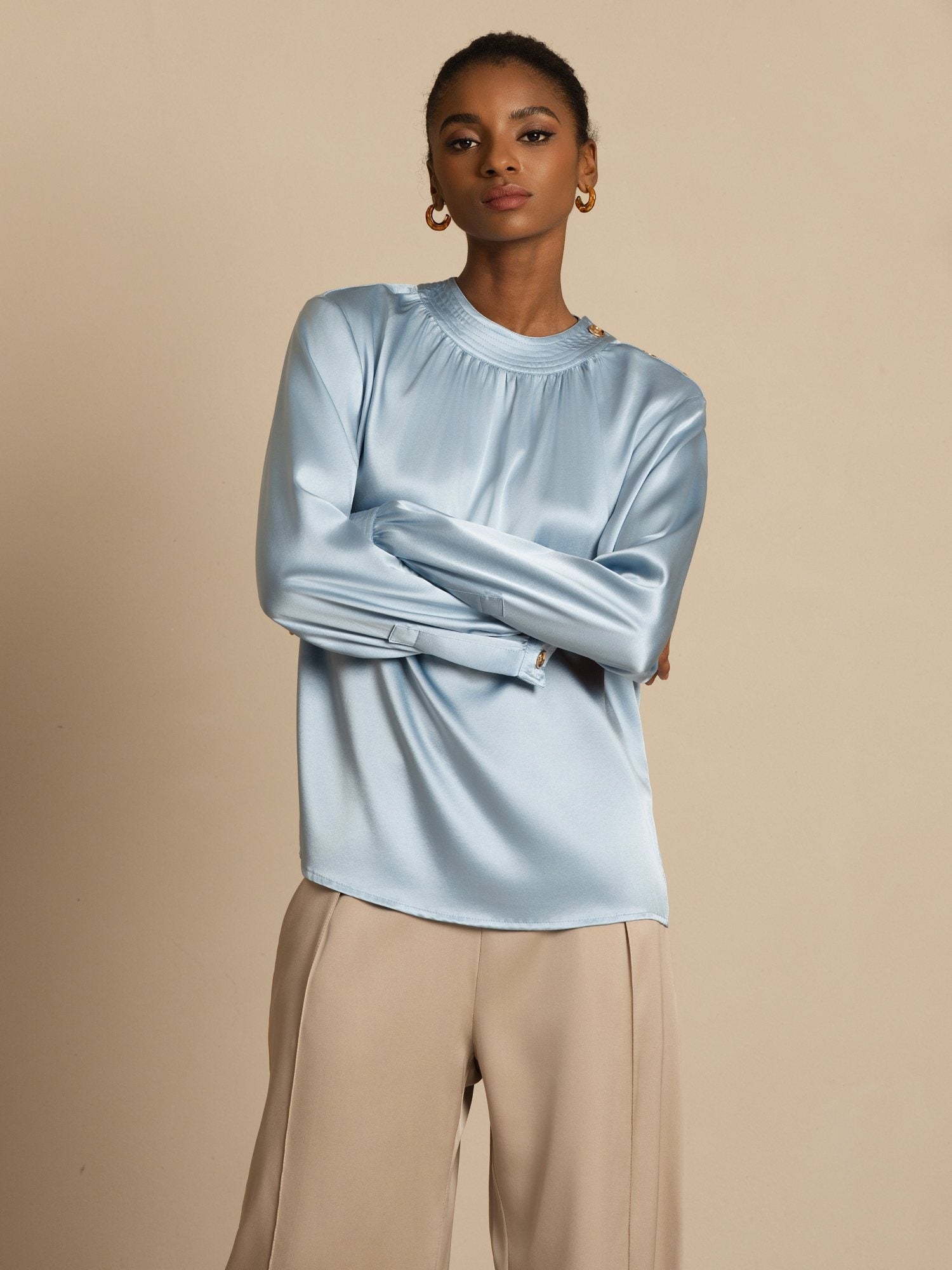 [AzulGrisáceo] SilkSilky-ES 19Momme Seda Manga larga Cuello Redondo Blusa 004