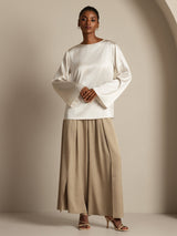 [Blanco] SilkSilky-ES Long Sleeve Boat Neck Blusa 007