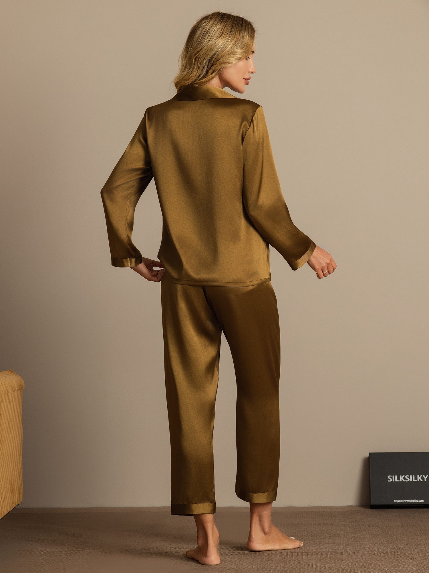 [Marrón] SilkSilky-ES Seda Pura Womens Pajamas 002,