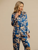 [Dragón Navy] SilkSilky-ES Long Sleeve Lapel Collar Pijamas de mujer 005