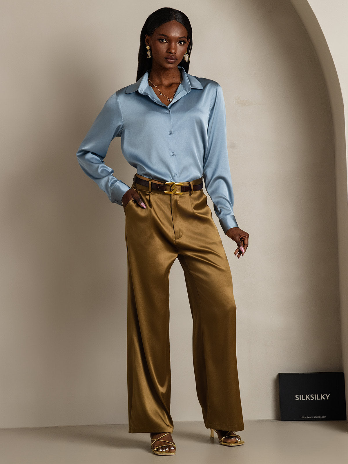 [Azul Grisáceo] SilkSilky-ES Seda Manga larga Cuello Camisero Blusas de Mujer 008