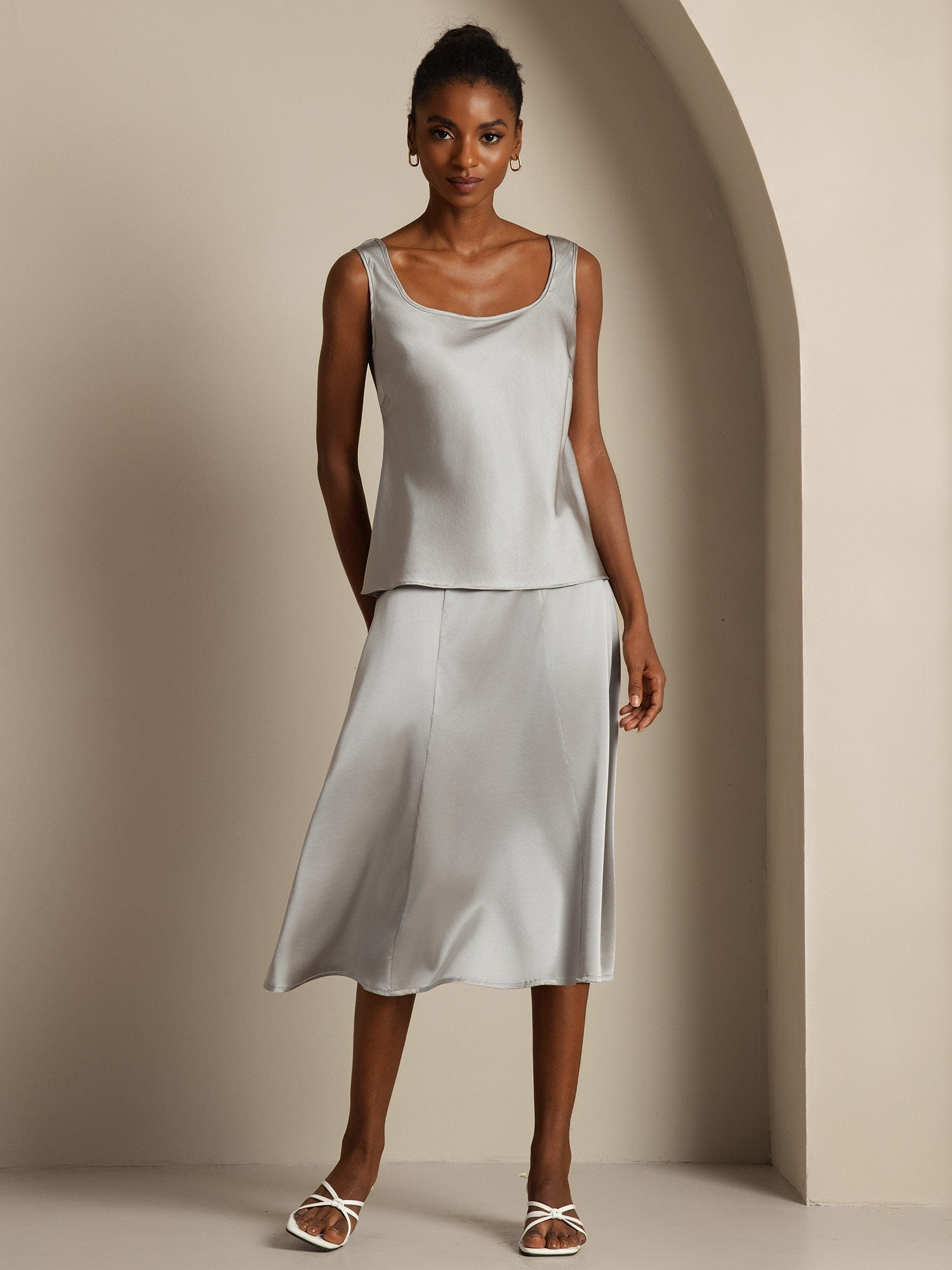 [Gris Griffin] SilkSilky-ES 19Momme Seda Cuello en U Top de tirantes 001,