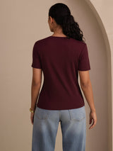 [Vino] SilkSilky-ES Short Sleeve V Neck Camisetas de Mujer 002