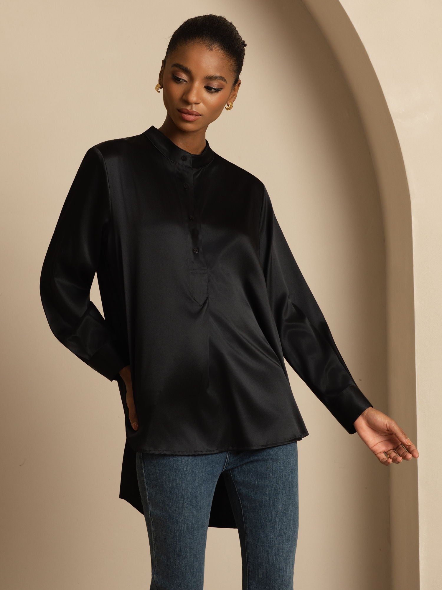 [Negro] SilkSilky-ES 19Momme Seda Manga larga Cuello Alto Blusa 005