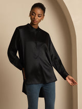 [Negro] SilkSilky-ES 19Momme Manga larga Cuello Alto Blusa 005
