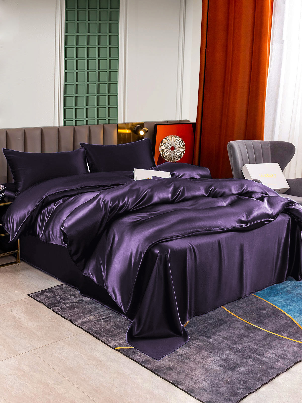 [Morado Oscuro] SilkSilky-ES 22Momme Seda Pura Bedding Set 002,
