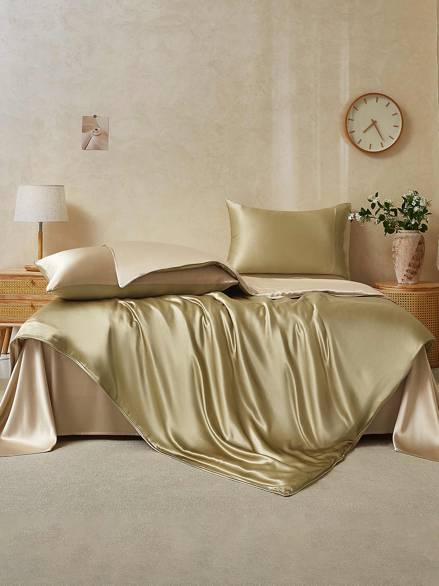 [Beige+Caqui] SilkSilky-ES 22Momme Seda Pura Bedding Set 002,