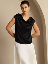 [Negro] SilkSilky-ES Cap Sleeve Cowl Neck Camisetas de Mujer 005