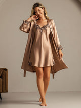 [Marrón] SilkSilky-ES 3/4 Sleeve V Neck Conjunto de camisón y bata 009