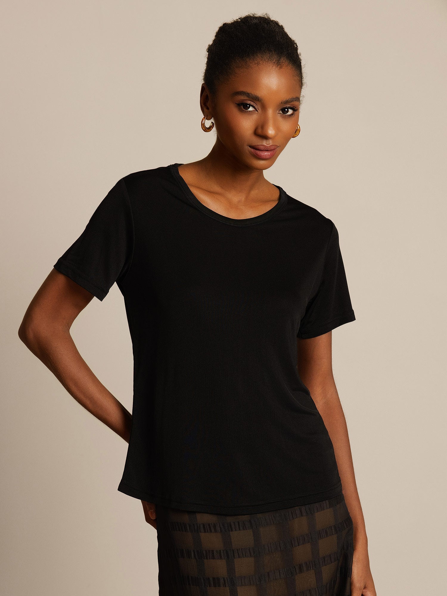 [Negro] SilkSilky-ES Manga corta Cuello Redondo Camisetas de Mujer 003