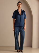 [Azul Oscuro] SilkSilky-ES Short Sleeve Lapel Collar Blusas de Mujer 006