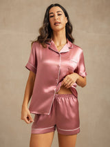 [Malva Pálido] SilkSilky-ES Short Sleeve Lapel Collar Pijamas de mujer 004