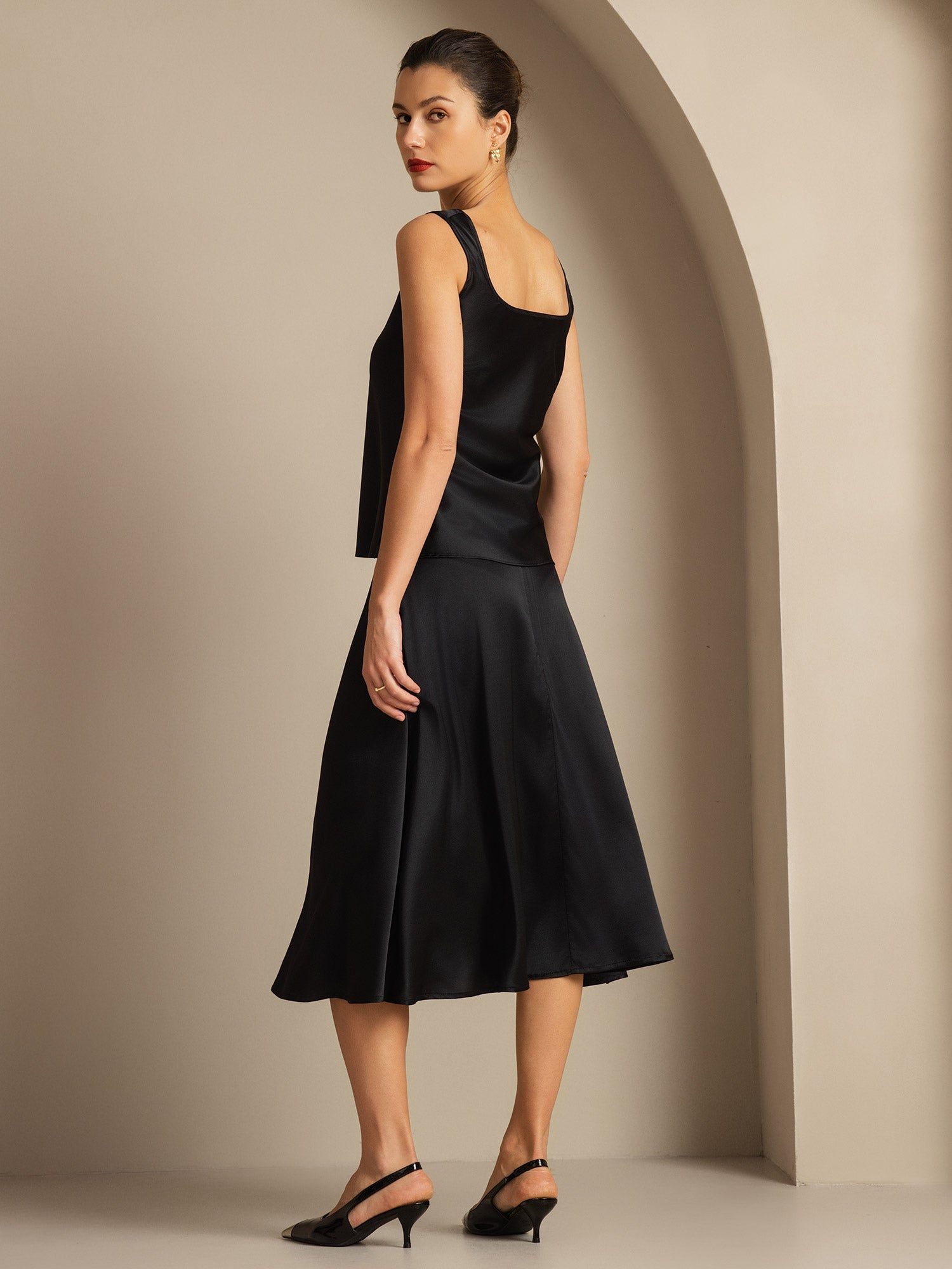 [Negro] SilkSilky-ES 19Momme Seda Cuello en U Top de tirantes 002,