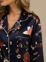 [Floral Azul Marino] SilkSilky-ES Long Sleeve Lapel Collar Pijamas de mujer 006