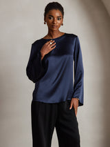[Azul Oscuro] SilkSilky-ES Long Sleeve Boat Neck Blusa 003