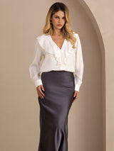[Blanco] SilkSilky-ES Long Sleeve Deep V Neck Blusas 003