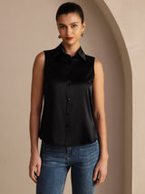 [Negro] SilkSilky-ES Sleeveless Lapel Collar Blusas de Mujer 003