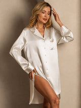 [Beige] SilkSilky-ES Long Sleeve Lapel Collar Camisas de dormir 005