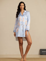 [Azul Claro] SilkSilky-ES Long Sleeve Lapel Collar Camisas de dormir 005