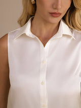 [Blanco] SilkSilky-ES Sleeveless Lapel Collar Blusas de Mujer 004