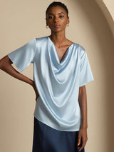 [Azul Grisáceo] SilkSilky-ES Short Sleeve Cowl Neck Blusas 001