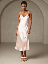 [Rosa] SilkSilky-ES Spaghetti Strap V Neck Vestido 004